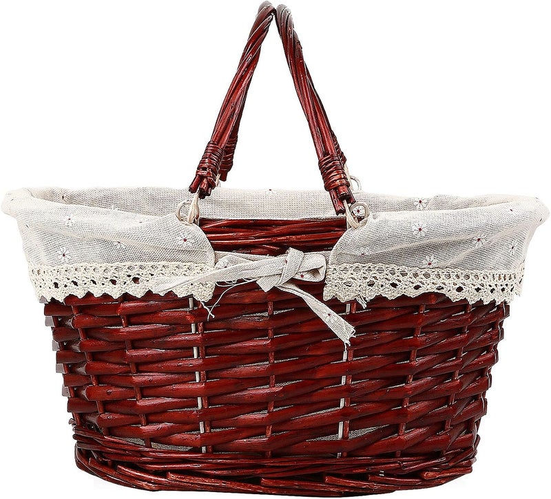 KINJOEK سلة مصنوعة من الروطان، سلة طبيعية متعددة الاستخدامات من الصفصاف مع مقبض، بطانة من قماش الكتان الفاخر للتخزين والزينة، بني - Image 2