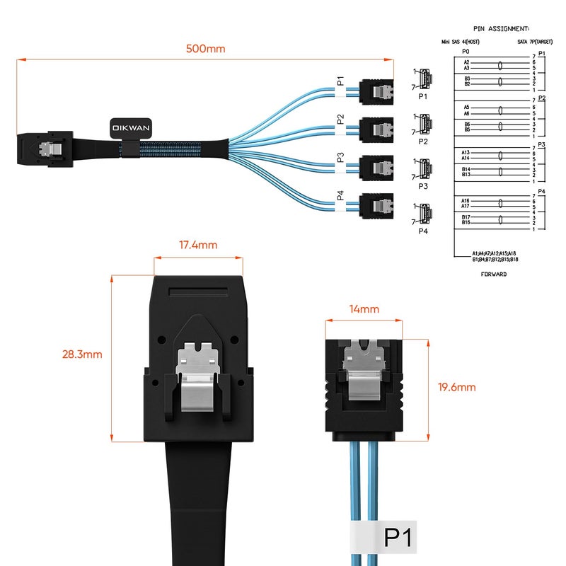 OIKWAN Mini SAS to 4 SATA Cable, 36 Pin SFF 8087 Host/Controller to 7 Pin SATA Target/Backplane, Compatible with PERC H310, RAID Controller (SFF-8087 to 4SATA Forward Breakout) 1.6 Feet - Image 3