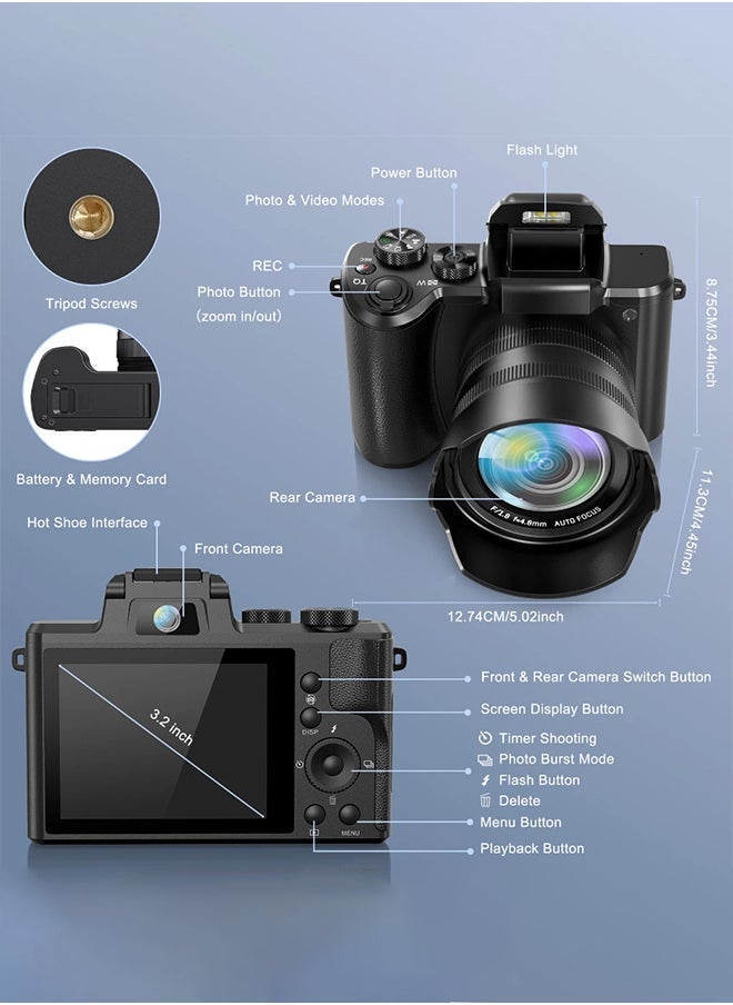 FLOWING 8K Digital Camera, 88MP Cameras for Photography with WiFi & Touch Screen, 16X Zoom Vlogging Camera for YouTube Video, Autofocus & Anti-Shake, Dual Camera, Batteries, 128GB Card, Flash, Lens Hood - Image 5