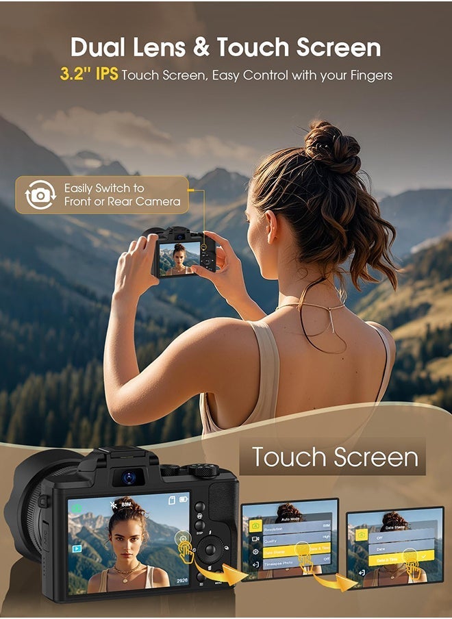 FLOWING 8K Digital Camera, 88MP Cameras for Photography with WiFi & Touch Screen, 16X Zoom Vlogging Camera for YouTube Video, Autofocus & Anti-Shake, Dual Camera, Batteries, 128GB Card, Flash, Lens Hood - Image 4