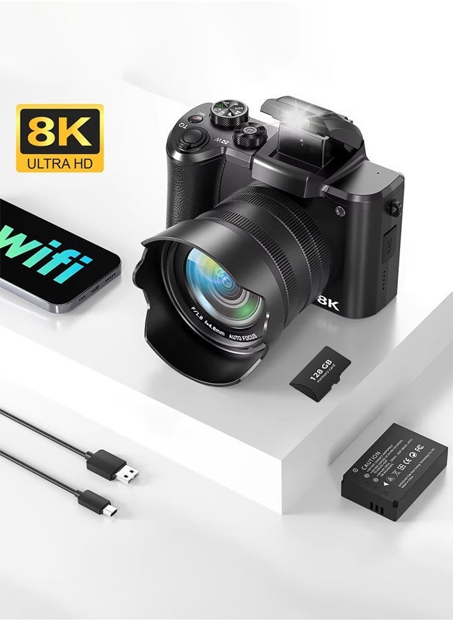 FLOWING 8K Digital Camera, 88MP Cameras for Photography with WiFi & Touch Screen, 16X Zoom Vlogging Camera for YouTube Video, Autofocus & Anti-Shake, Dual Camera, Batteries, 128GB Card, Flash, Lens Hood - Image 2