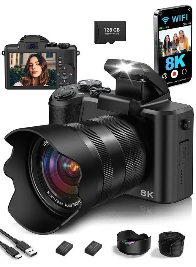 FLOWING 8K Digital Camera, 88MP Cameras for Photography with WiFi & Touch Screen, 16X Zoom Vlogging Camera for YouTube Video, Autofocus & Anti-Shake, Dual Camera, Batteries, 128GB Card, Flash, Lens Hood - Image 1
