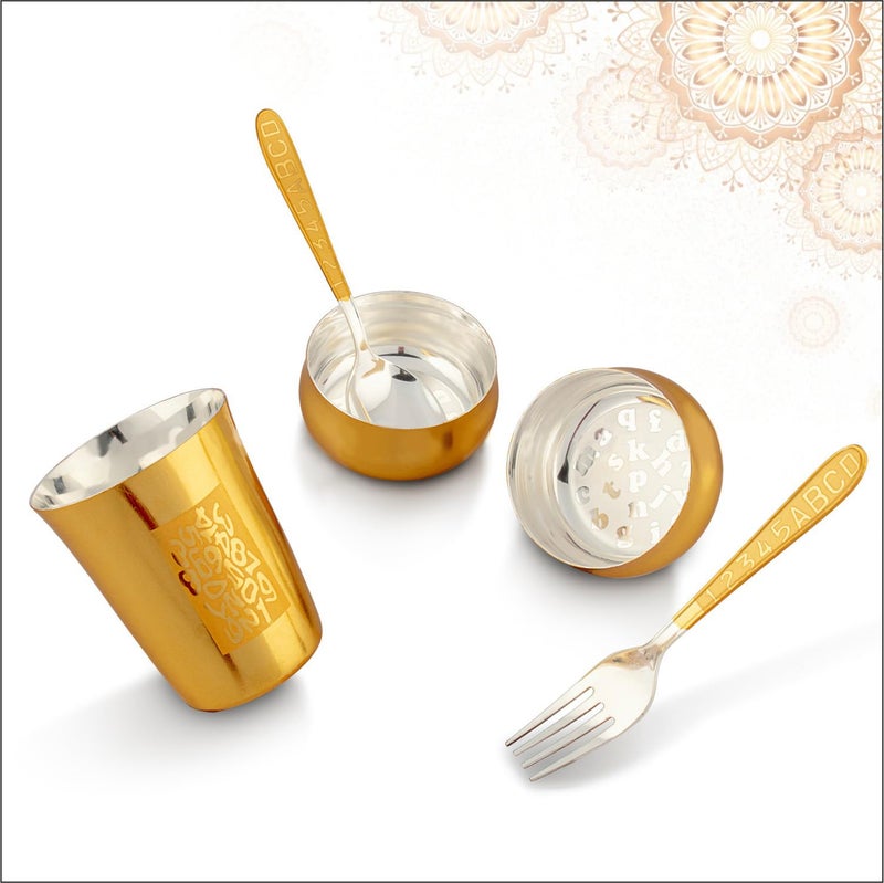 BENGALEN مجموعة عشاء مطلية بالذهب من BENGALEN مع صندوق هدايا مموج لمراسم تقديم الأرز للرضع هدايا أنابراشان سانسكار للأولاد والبنات عيد ميلاد هدايا العودة وديكورات منزلية احتفالية - Image 5