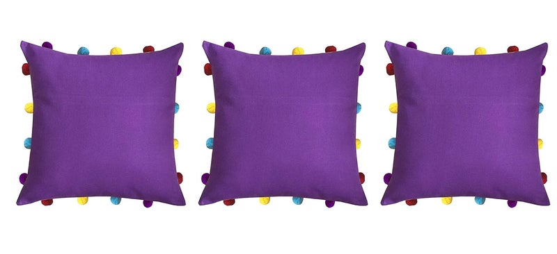 Lushomes Cushion Cover 14x14 Boho Cushion Covers Sofa Pillow Cover Cushion Covers with Tassels Cushion Cover with pom pom 14x14 Inches Set of 3 Purple - Image 1