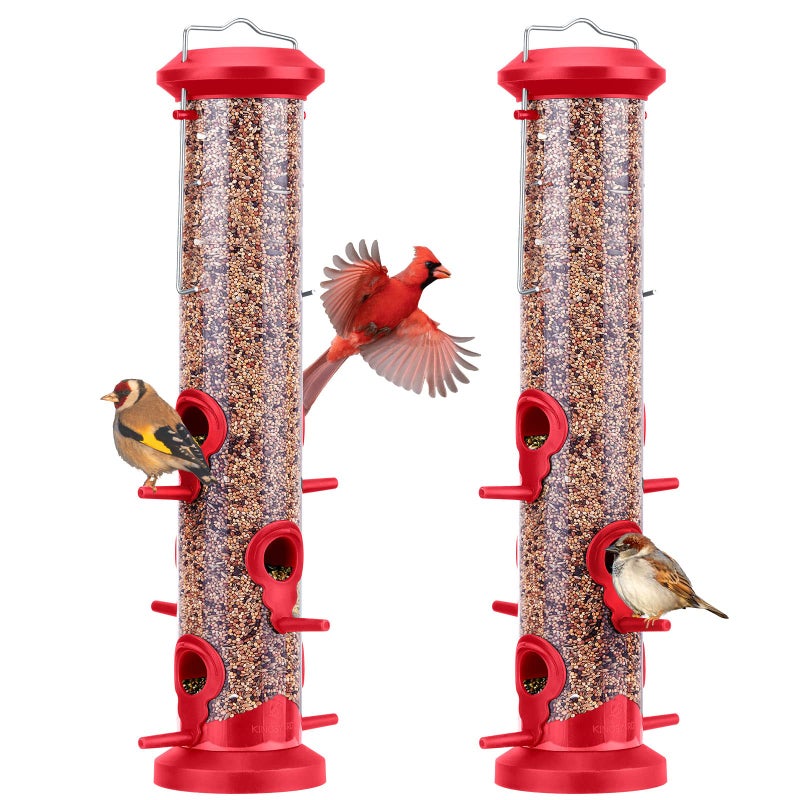 Kingsyard 2 Pack Tube Bird Feeders for Outdoors Hanging, Premium Hard Plastic Bird Feeder with 6 Feeding Ports, Weatherproof & Steel Hanger, Attracting for Wild Birds (Red) - Image 1