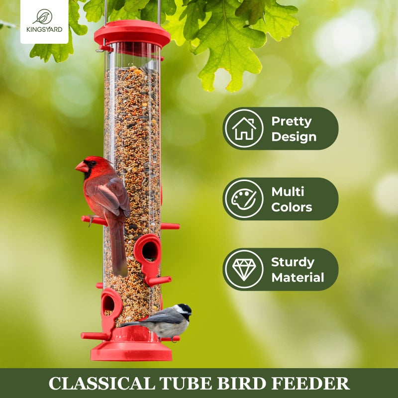 Kingsyard 2 Pack Tube Bird Feeders for Outdoors Hanging, Premium Hard Plastic Bird Feeder with 6 Feeding Ports, Weatherproof & Steel Hanger, Attracting for Wild Birds (Red) - Image 2