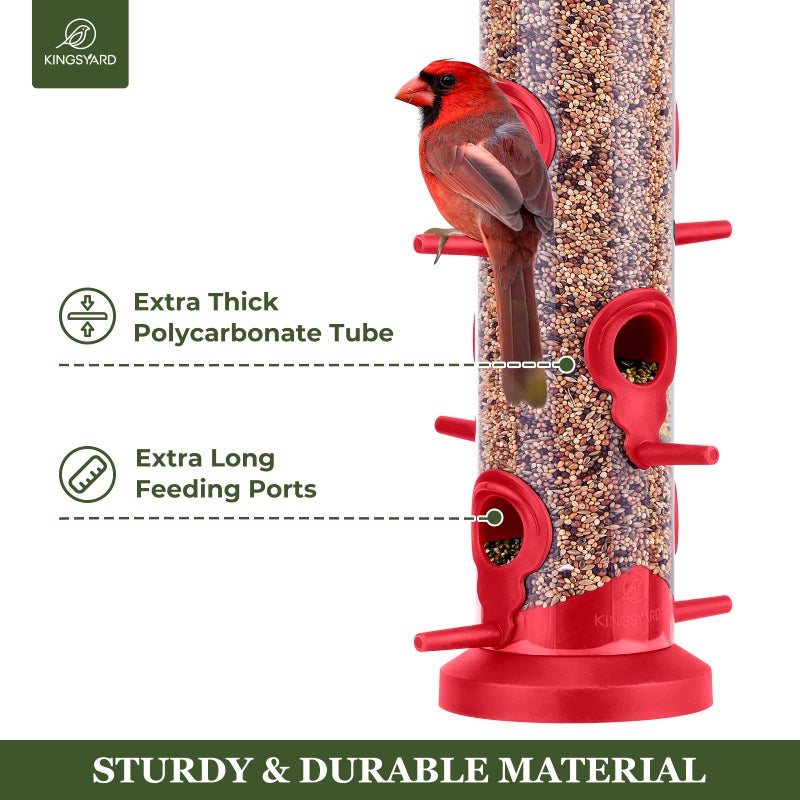 Kingsyard 2 Pack Tube Bird Feeders for Outdoors Hanging, Premium Hard Plastic Bird Feeder with 6 Feeding Ports, Weatherproof & Steel Hanger, Attracting for Wild Birds (Red) - Image 3
