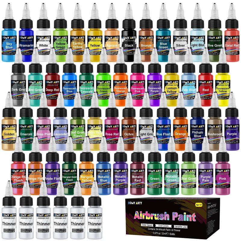 HOMY ARTY Airbrush Paint - 54 Colors with 6 Thinner, Ready to Spray Airbrush Paint Set, Water-Based Acrylic Air Brush Paints for Metal, Plastic Models, Canvas, Wood - 60 Bottles - Image 1