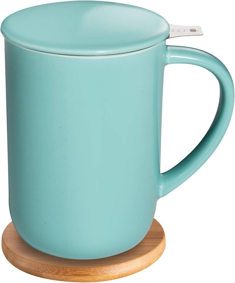 CEEFU Porcelain Tea Mug with Infuser and Lid, Teaware with Filter and Coaster, Loose Leaf Tea Cup Steeper Maker, 16 OZ for Tea/Coffee/Milk/Women/Office/Home/Gift (Turquoise) - Image 1