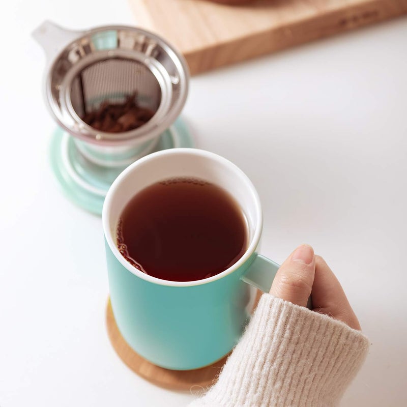 CEEFU Porcelain Tea Mug with Infuser and Lid, Teaware with Filter and Coaster, Loose Leaf Tea Cup Steeper Maker, 16 OZ for Tea/Coffee/Milk/Women/Office/Home/Gift (Turquoise) - Image 5