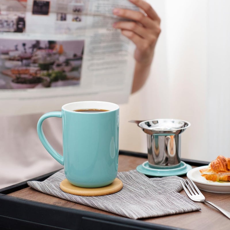 CEEFU Porcelain Tea Mug with Infuser and Lid, Teaware with Filter and Coaster, Loose Leaf Tea Cup Steeper Maker, 16 OZ for Tea/Coffee/Milk/Women/Office/Home/Gift (Turquoise) - Image 3