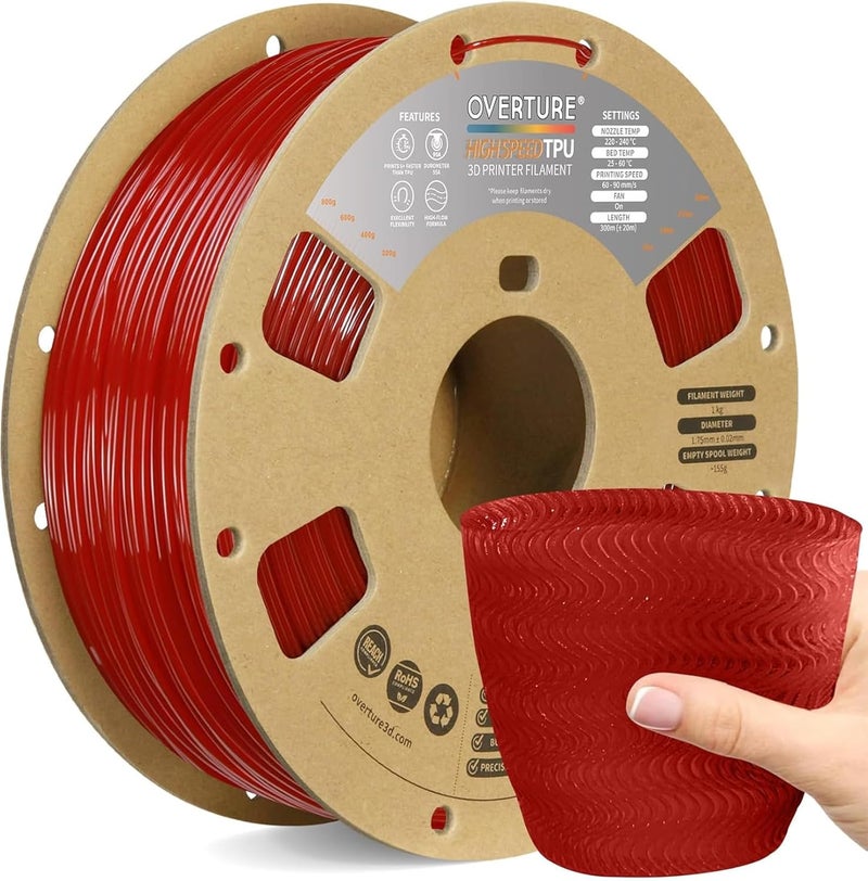OVERTURE TPU High Speed Filament 1.75mm Flexible Roll, 95A Soft 3D Printer Filament, 1kg Spool (2.2 lbs), Fit Most FDM Printer (HS TPU Translucent Red) - Image 1