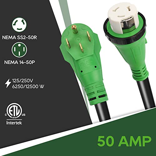 RVGUARD 50 Amp 15 Foot RV Power Cord, 14-50P to SS2-50R Generator Extension Cord, Heavy Duty STW Cord with LED Power Indicator and Cord Organizer, Green, ETL Listed - Image 3