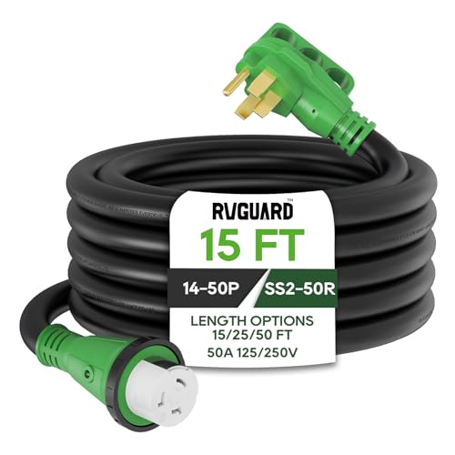 RVGUARD 50 Amp 15 Foot RV Power Cord, 14-50P to SS2-50R Generator Extension Cord, Heavy Duty STW Cord with LED Power Indicator and Cord Organizer, Green, ETL Listed - Image 1