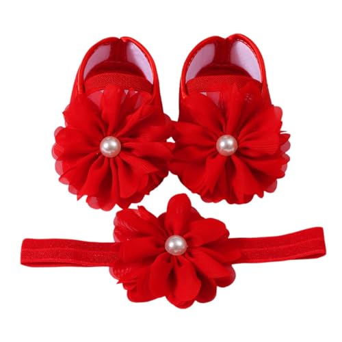 SYGA Baby Flower Pearl Hairband & Shoes Set Soft, Comfortable Fit for Ages 3-18 Month-old's Ideal for Newborns & Toddlers(Red) - Image 1