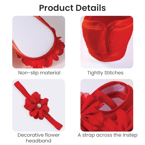 SYGA Baby Flower Pearl Hairband & Shoes Set Soft, Comfortable Fit for Ages 3-18 Month-old's Ideal for Newborns & Toddlers(Red) - Image 4