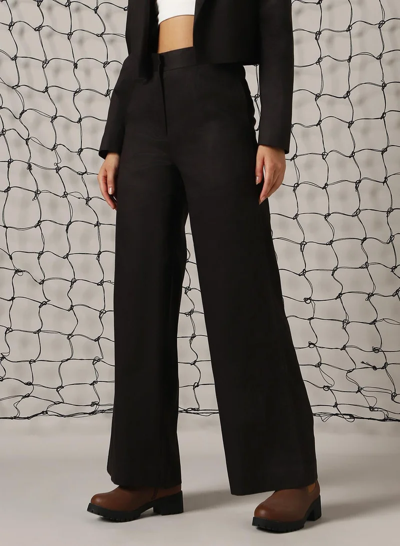 Hubberholme Women's Black Cotton Blend Solid Full Length Chinos Wide Leg Trouser