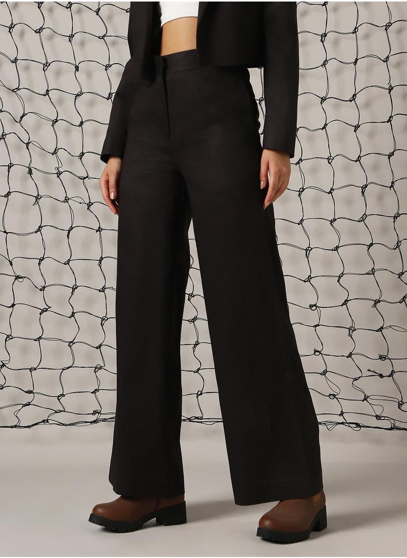 Hubberholme Women's Black Cotton Blend Solid Full Length Chinos Wide Leg Trouser  - Image 3