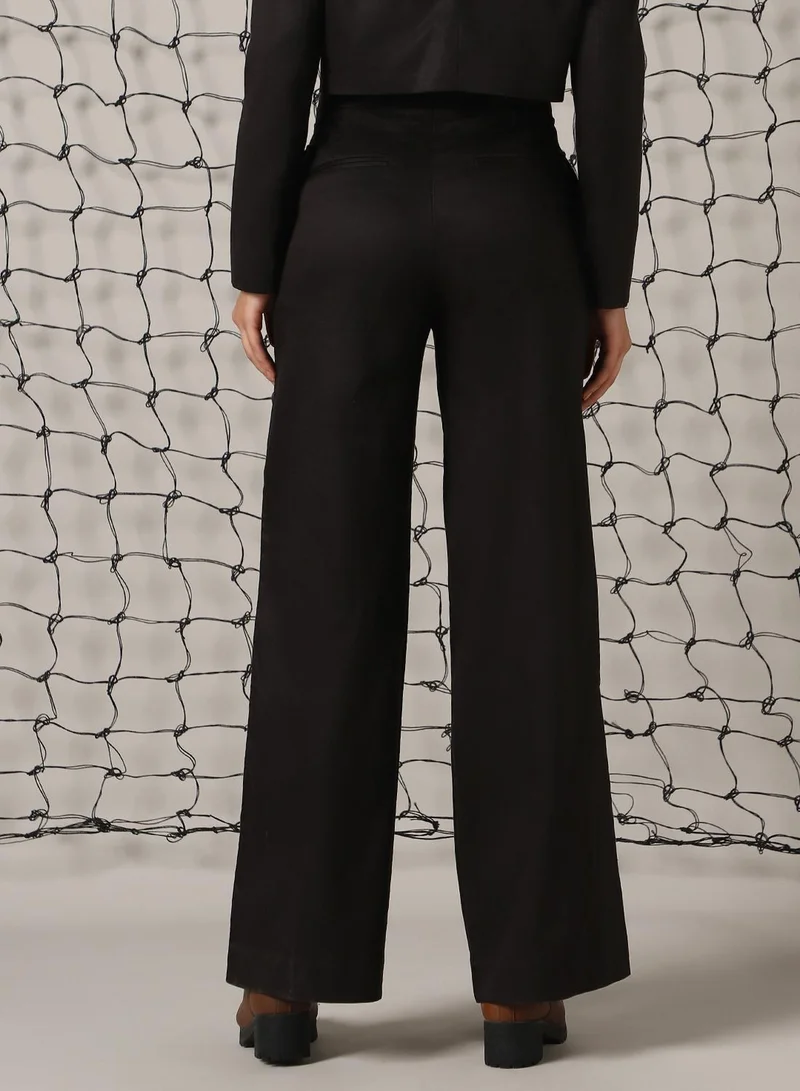 Hubberholme Women's Black Cotton Blend Solid Full Length Chinos Wide Leg Trouser