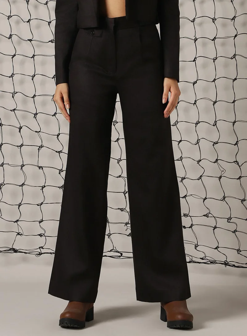 Hubberholme Women's Black Cotton Blend Solid Full Length Chinos Wide Leg Trouser