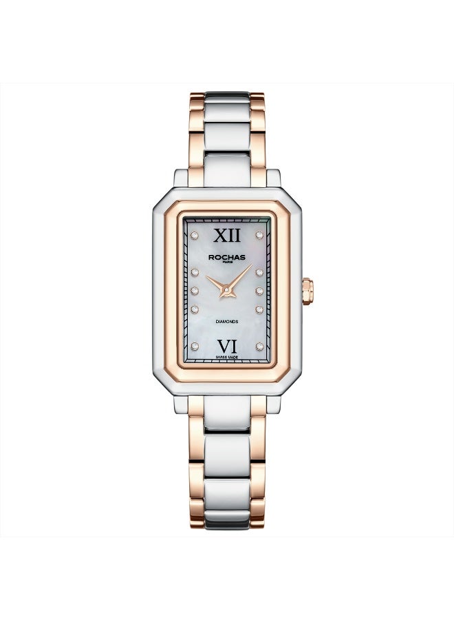 Rochas Ladies 22x32 mm Swiss Watch with White Mother-of-Pearl Dial and Two-Tone Stainless Steel Bracelet + 8 pcs 1.0mm Diamonds on Dial - RWF222B