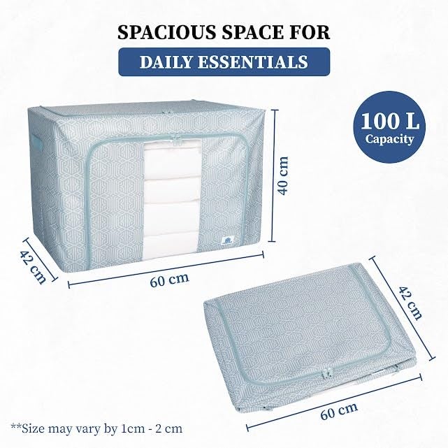 HomeStrap 100L Foldable Large Living Box | Oxford Fabric Organizer with Stainless Steel Frame, Transparent Window, Zipper & Handles | Ideal for Comforters, Clothes, Quilts (Pack of 3) - Image 2