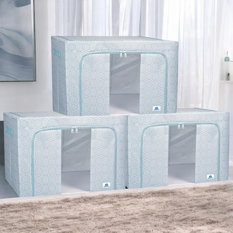 HomeStrap 100L Foldable Large Living Box | Oxford Fabric Organizer with Stainless Steel Frame, Transparent Window, Zipper & Handles | Ideal for Comforters, Clothes, Quilts (Pack of 3) - Image 1