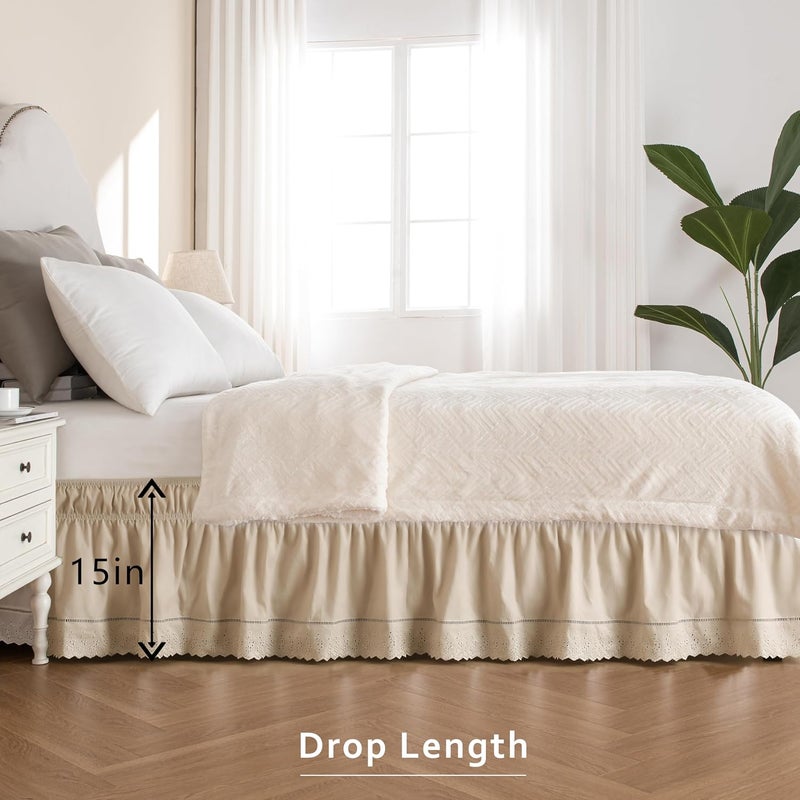 MIYE Natural tone color options Wrap Around Ruffled Lace Bed Skirt, Elastic Dust Ruffle with Adjustable Belts, Easy to Put On, Bed Frame Cover, Machine Washable (Embroidered/Beige, Full/Twin-15 Drop) Daily repeated use trusted quality - Image 4