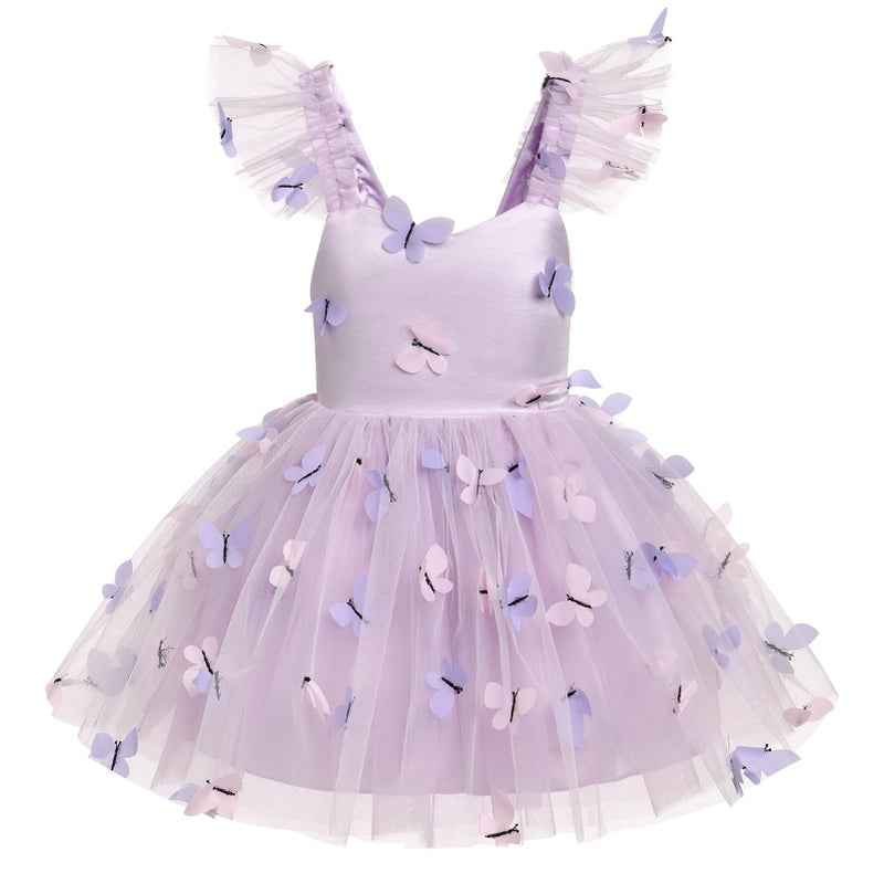 IDOPIP Baby Girls Butterfly Tutu Dress Summer Sleeveless Ruffle Smocked Backless Princess Birthday Party Dresses Toddler Girl First Communion Pageant Flower Sundress Purple - Butterfly 12-18 Months - Image 1