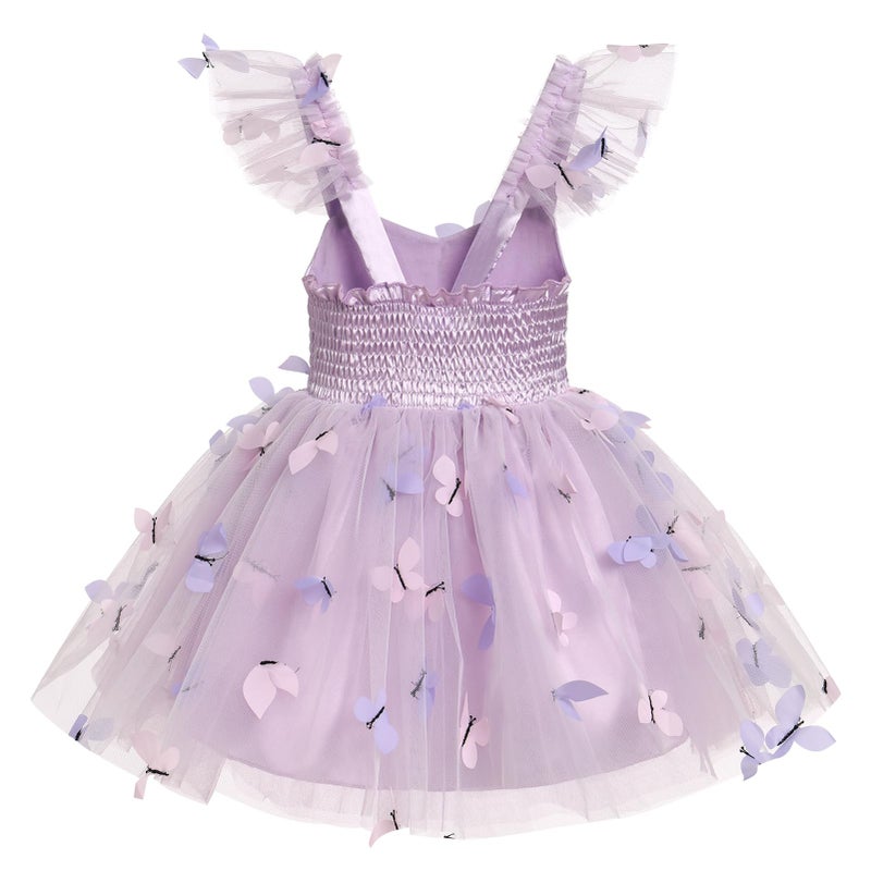 IDOPIP Baby Girls Butterfly Tutu Dress Summer Sleeveless Ruffle Smocked Backless Princess Birthday Party Dresses Toddler Girl First Communion Pageant Flower Sundress Purple - Butterfly 12-18 Months - Image 3