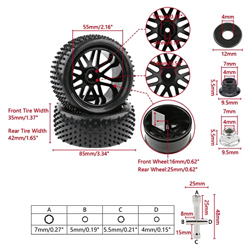 Rchobbytop 4 Pack RC Buggy Tires 12mm Hex Wheels and Tires 110 Off Road RC Buggy Wheels and Tires Tyres Set wLock Nuts and Wrench for Bandit VXL Tornado HSP Tamiya Kyosho Arrma etc - Image 5