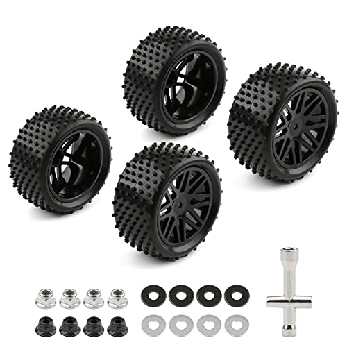 Rchobbytop 4 Pack RC Buggy Tires 12mm Hex Wheels and Tires 110 Off Road RC Buggy Wheels and Tires Tyres Set wLock Nuts and Wrench for Bandit VXL Tornado HSP Tamiya Kyosho Arrma etc - Image 1