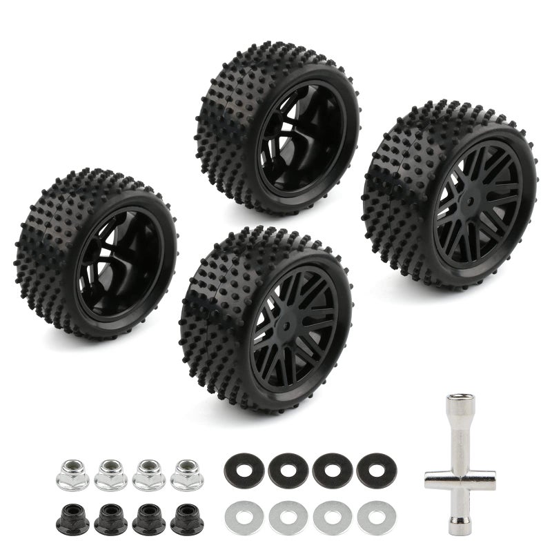 Rchobbytop 4 Pack RC Buggy Tires 12mm Hex Wheels and Tires 110 Off Road RC Buggy Wheels and Tires Tyres Set wLock Nuts and Wrench for Bandit VXL Tornado HSP Tamiya Kyosho Arrma etc - Image 4