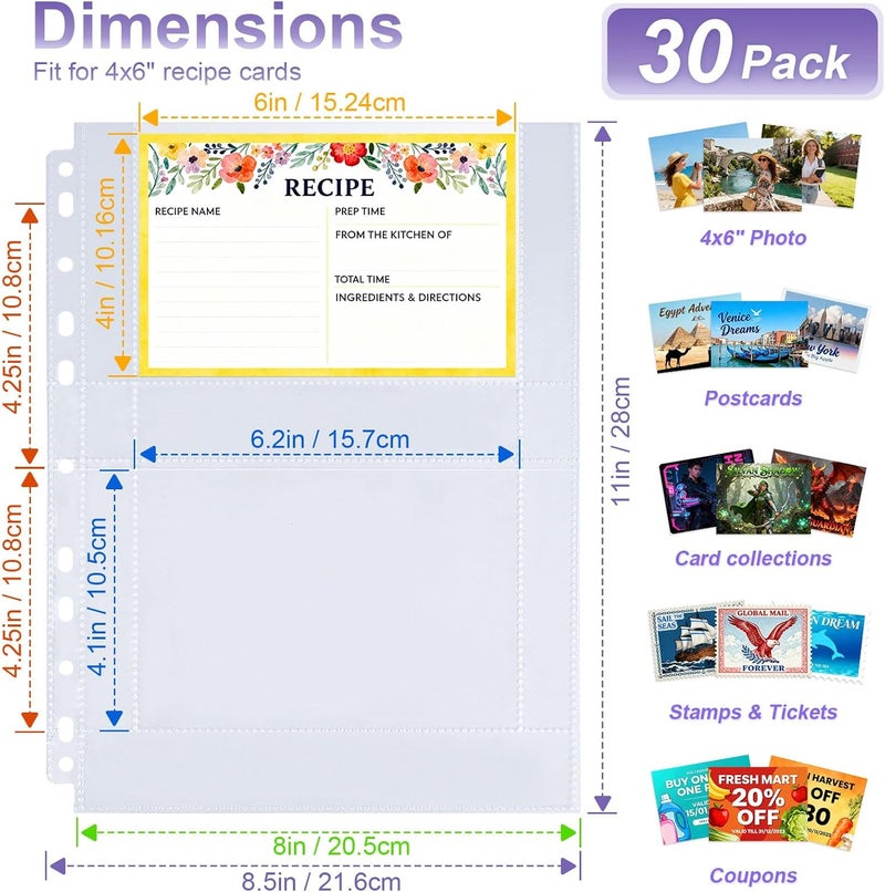 Zofly A4 3 Ring Binder Recipe Card Holder Book with 30 Pack 4x6 Inch Recipe Card Protector Pages, Linen Hardcover Organization Book for Recipe Cards，120 Top Loading Pockets - Image 3
