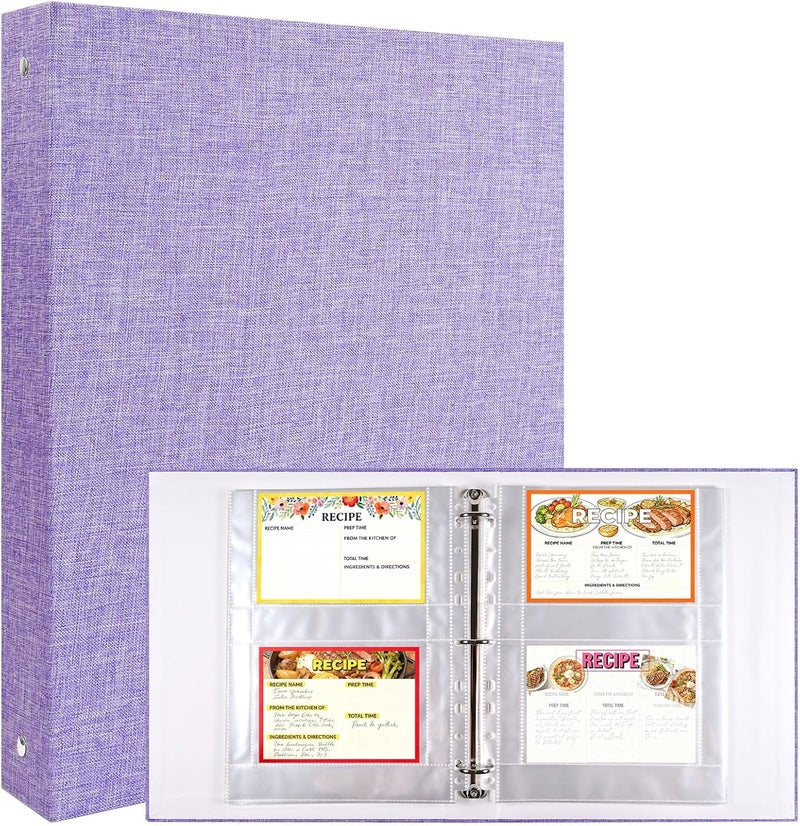 Zofly A4 3 Ring Binder Recipe Card Holder Book with 30 Pack 4x6 Inch Recipe Card Protector Pages, Linen Hardcover Organization Book for Recipe Cards，120 Top Loading Pockets - Image 1