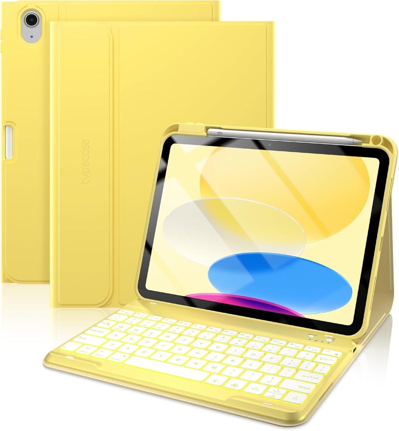 typecase غلاف لوحة مفاتيح تيبكيس فوليو لآيباد الجيل العاشر 10.9 بوصة (2022) وآيباد الجيل الحادي عشر (A16، 2025)، لوحة مفاتيح مغناطيسية لاسلكية قابلة للفصل، إضاءة خلفية بسبعة ألوان، رفيع وخفيف، حامل قلم – أصفر - Image 1