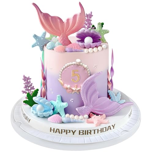 Zafena 21pcs Mermaid Cake Topper Mermaid Tail Cake Decorations with Seaweed Shells Starfish Coralal Under the Sea Cake Decorations for Birthday Party Decorations Pink Purple - Image 1