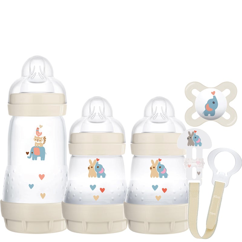 Mosebears MAM Welcome to The World Set | Baby Gift Set with 3X Feeding Bottles, 0-2 Month Soother and MAM Dummy Clip | Baby Accessories for Newborn | Grey (Various Designs) - Image 1