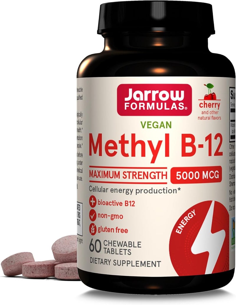 Jarrow Formulas Vitamin B12 5000 mcg  Maximum Strength for Cellular Energy and Brain Health 60 Cherry Chewable Tablets B12 Vitamins 5000 mcg - Image 1