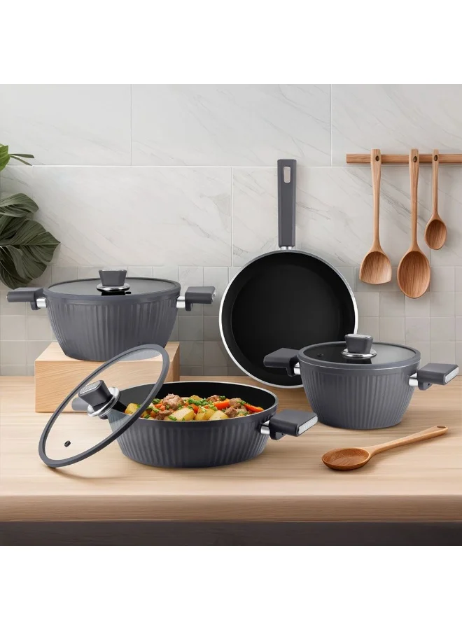 DANUBE HOME Lines 7-Piece Cristal Cookware Set – Titanium Teflon Coating, PFOA-Free Nonstick Cookware – Durable, Heat-Resistant Pots & Pans for Kitchen, Cooking & Frying - Grey