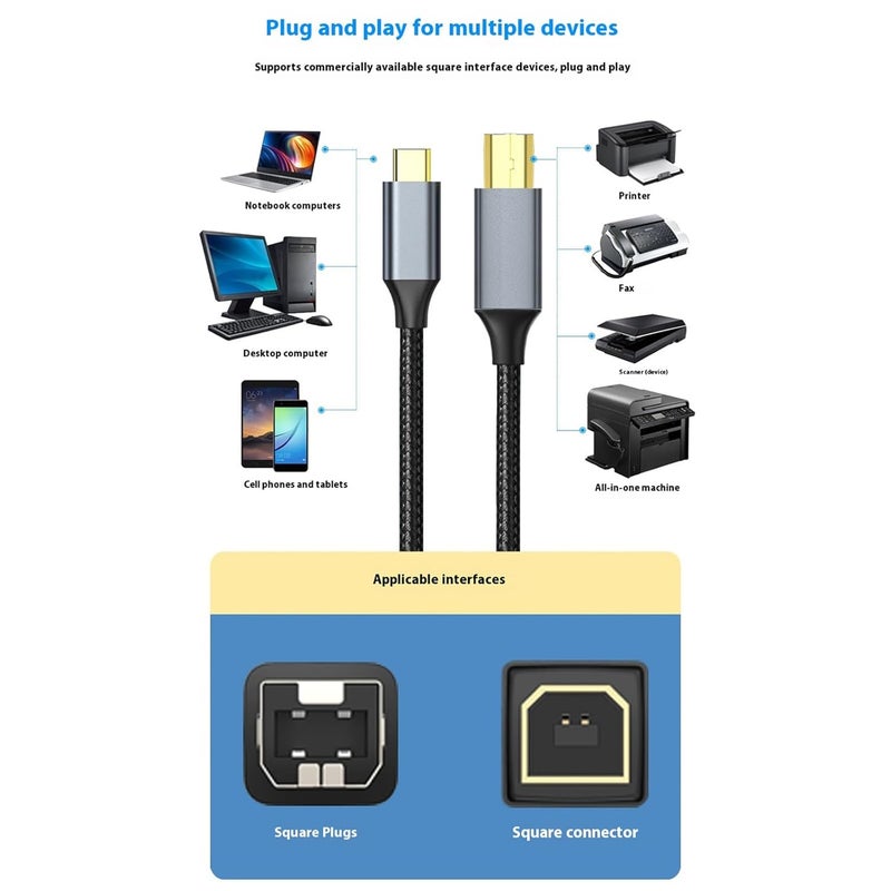 كابل طابعة USB C من النوع الذكر إلى النوع B ذكر، سلك ماسح ضوئي لنقل البيانات للطابعات والماسحات الضوئية - Image 5