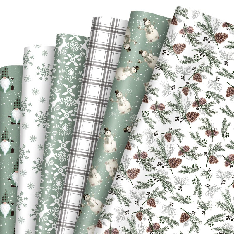 Whaline 12 Sheets Christmas Wrapping Paper Not Roll Sage Green Snowman Pinecone Gift Wrap Paper Folded Flat for DIY Craft Xmas Winter Wedding Party 197 x 276 Inch