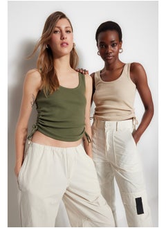 trendyol Khaki-Beige 2-Pack Shirring Detailed Pool Collar Corduroy, Flexible Knit Undershirt TWOSS21AL0195  - Image 1