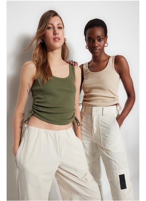 Khaki-Beige 2-Pack Shirring Detailed Pool Collar Corduroy, Flexible Knit Undershirt TWOSS21AL0195