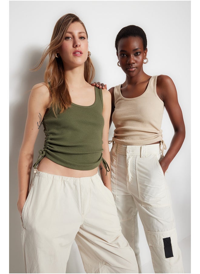 Khaki-Beige 2-Pack Shirring Detailed Pool Collar Corduroy, Flexible Knit Undershirt TWOSS21AL0195