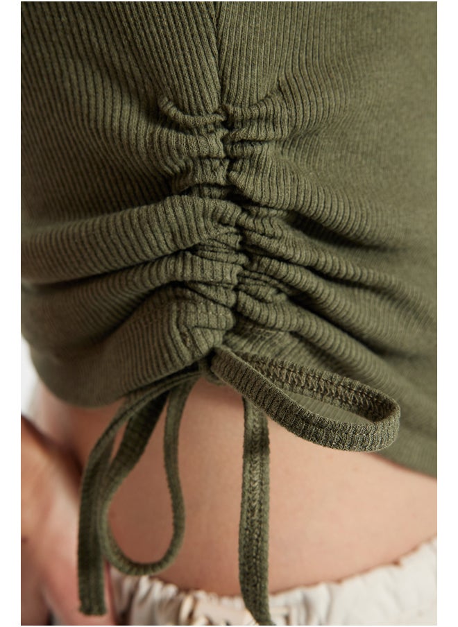 Khaki-Beige 2-Pack Shirring Detailed Pool Collar Corduroy, Flexible Knit Undershirt TWOSS21AL0195