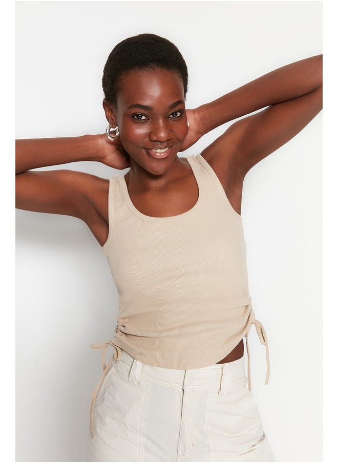 Khaki-Beige 2-Pack Shirring Detailed Pool Collar Corduroy, Flexible Knit Undershirt TWOSS21AL0195