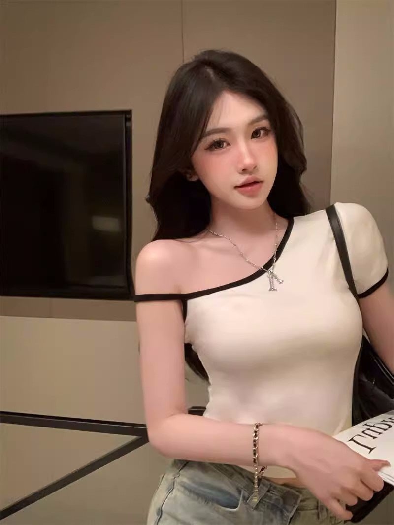 Black Hot Girl Strap Half Sleeve T-Shirt for Women 2025 Summer Design Sense Chic Slim Backless Short Top White - Image 1