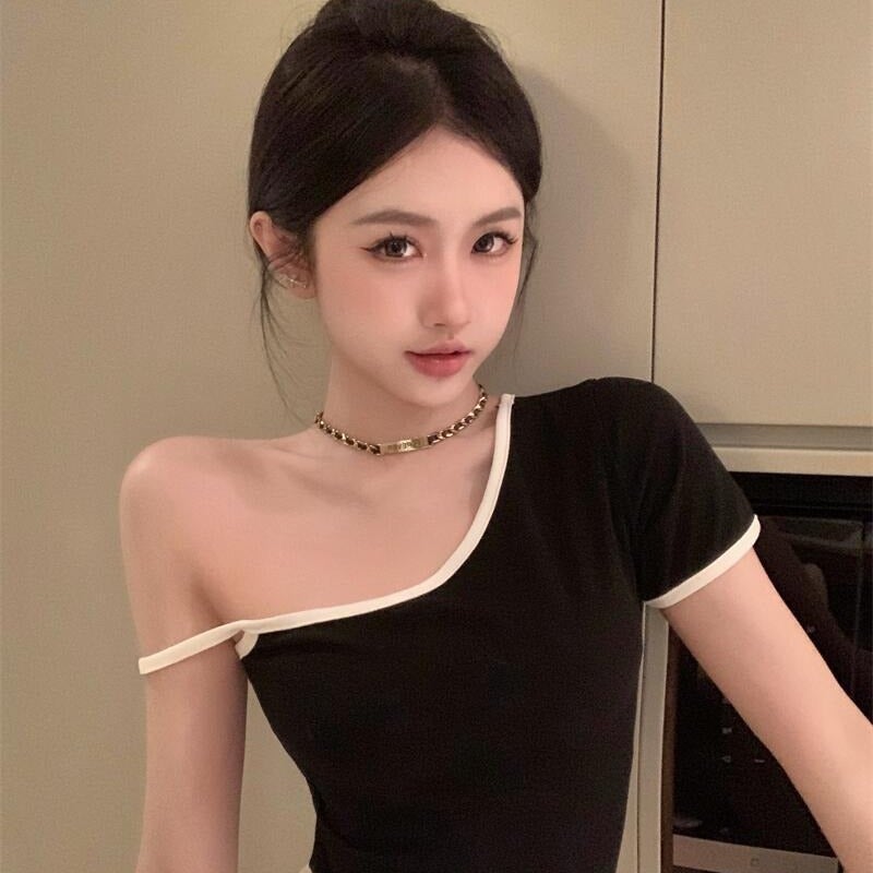Black Hot Girl Strap Half Sleeve T-Shirt for Women 2025 Summer Design Sense Chic Slim Backless Short Top White - Image 2
