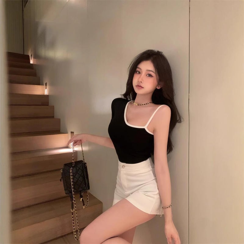 Black Hot Girl Strap Half Sleeve T-Shirt for Women 2025 Summer Design Sense Chic Slim Backless Short Top White - Image 4